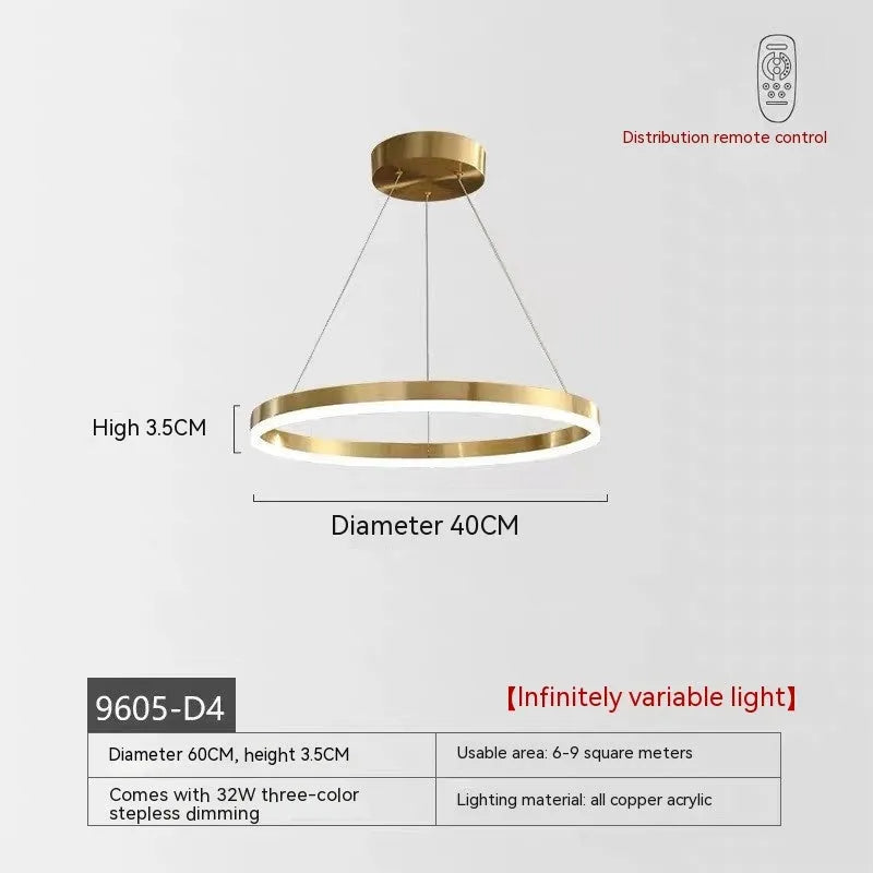 Nordic modern copper circle chandelier with three-circle design and remote control
