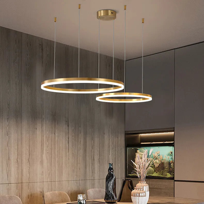 Nordic modern copper circle chandelier with three-circle design and remote control