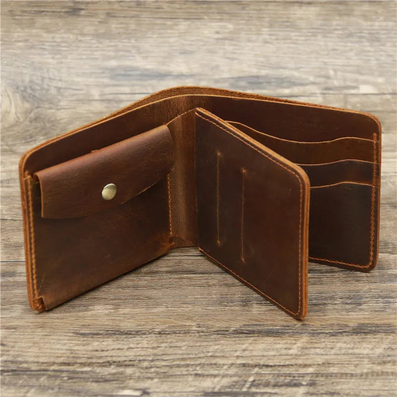 Men's genuine leather card holder wallet in dark brown or reddish brown, 11.5cm x 9.5cm x 2cm, solid colour, European style
