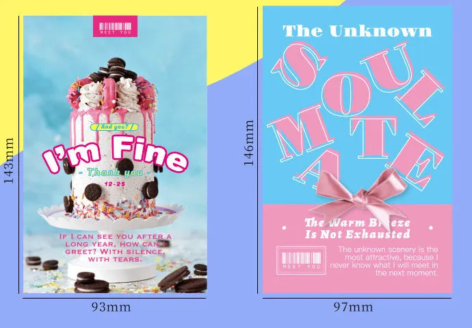 Set of two flat printed postcards with the text 'Time Not Arrived' and 'Warm Wind Not Exhausted' on a fresh background.