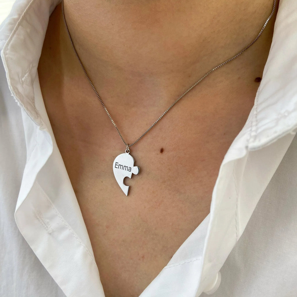 Stainless steel combination heart-shaped necklace with lettering pendant and chain on white background