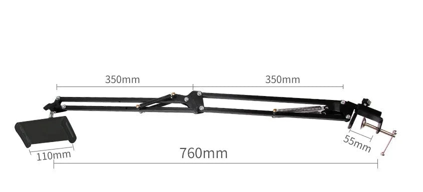 A black adjustable stand holding a mobile phone on a table.