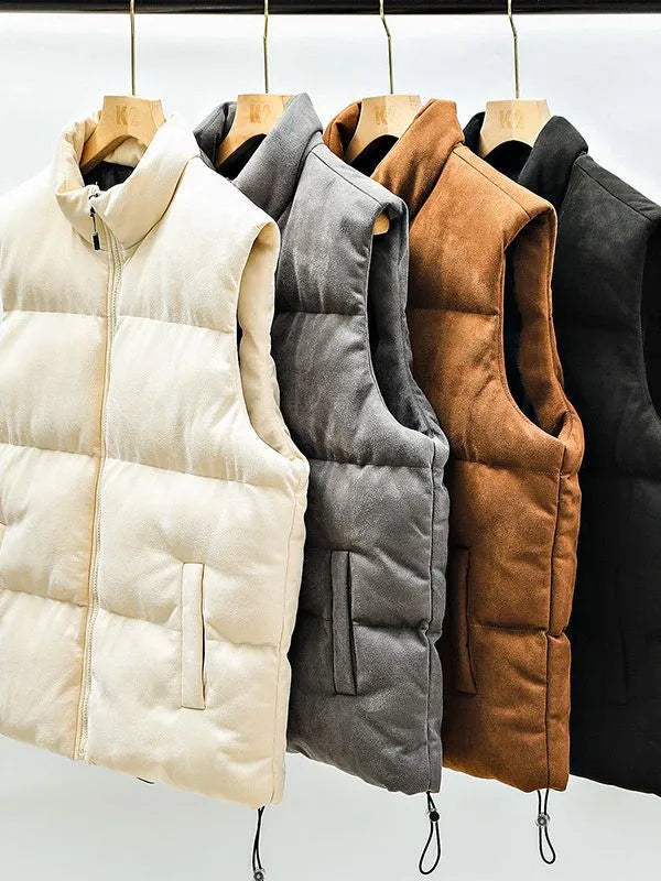 Men's stand-up collar cotton-padded vest in solid colour, loose fit, with slit pockets, available in multiple sizes.