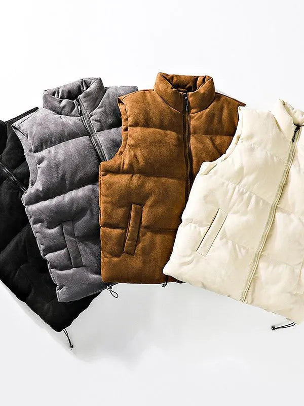 Men's stand-up collar cotton-padded vest in solid colour, loose fit, with slit pockets, available in multiple sizes.