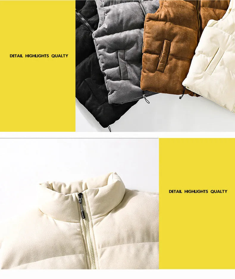 Men's stand-up collar cotton-padded vest in solid colour, loose fit, with slit pockets, available in multiple sizes.