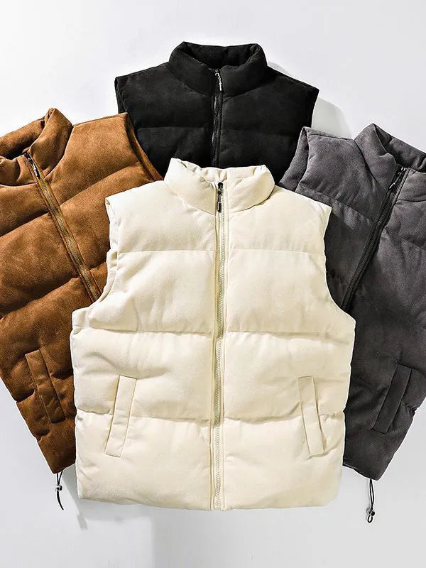 Men's stand-up collar cotton-padded vest in solid colour, loose fit, with slit pockets, available in multiple sizes.