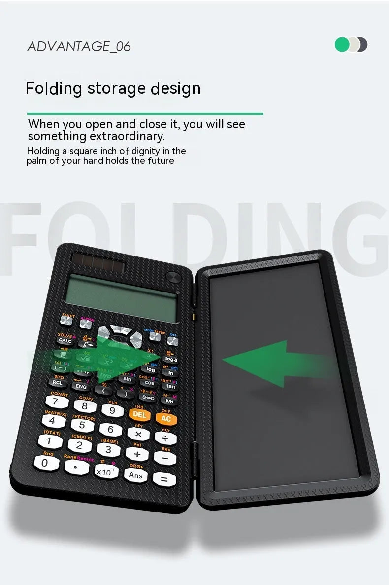 2-in-1 foldable scientific calculator with handwriting tablet in black ABS, showing LCD notepad and calculator keys
