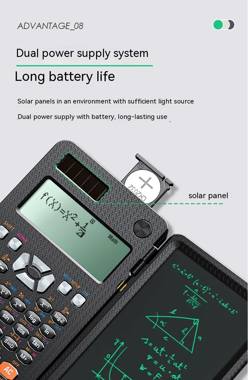 2-in-1 foldable scientific calculator with handwriting tablet in black ABS, showing LCD notepad and calculator keys