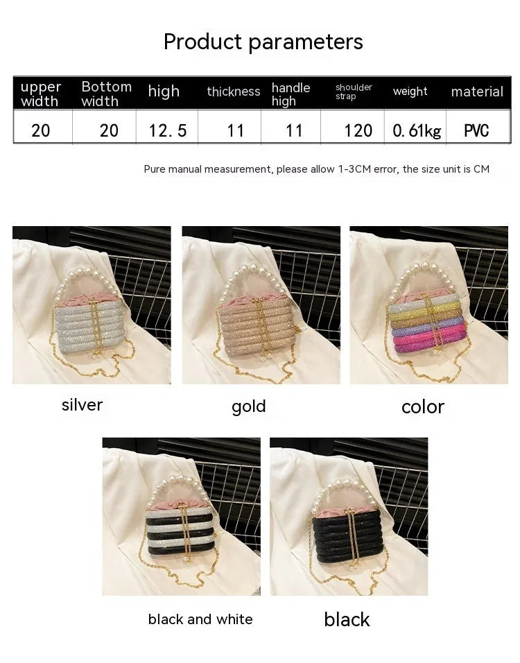 Women's round crossbody dinner bag with pearl bead embellishment in European retro style