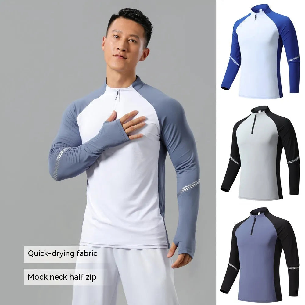 Men's long sleeve half zip stand collar workout top in solid colour, polyester, sizes S to XXXL