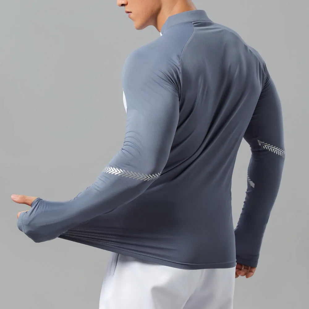 Men's long sleeve half zip stand collar workout top in solid colour, polyester, sizes S to XXXL