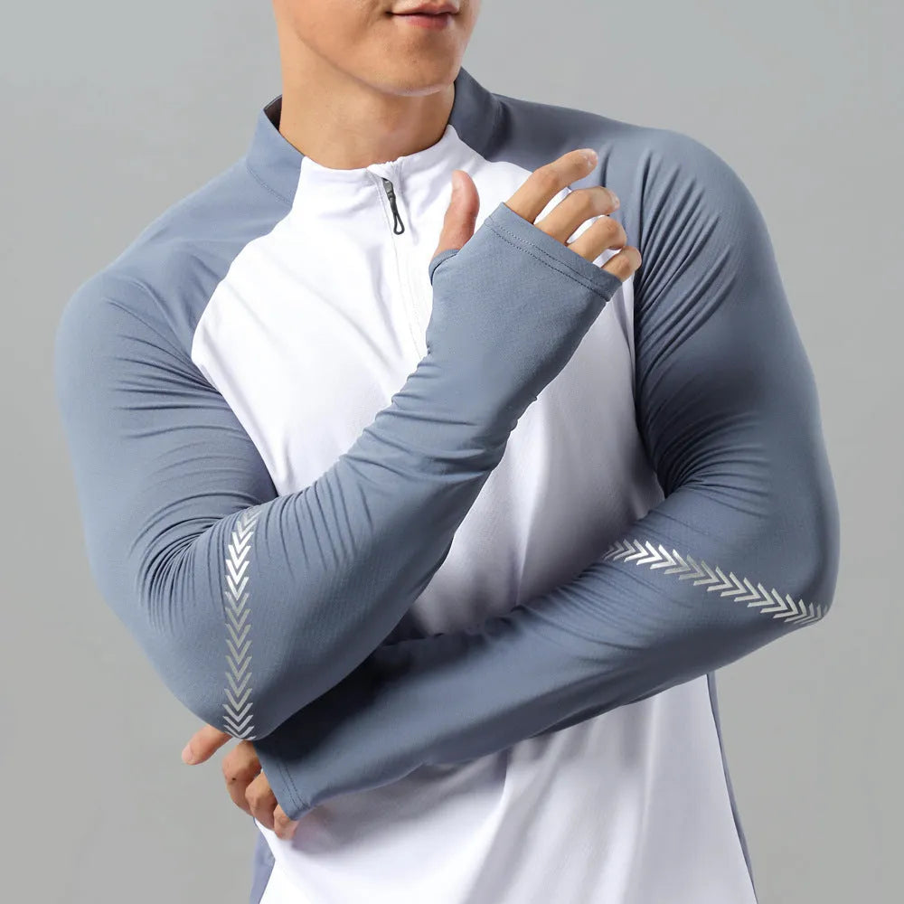 Men's long sleeve half zip stand collar workout top in solid colour, polyester, sizes S to XXXL