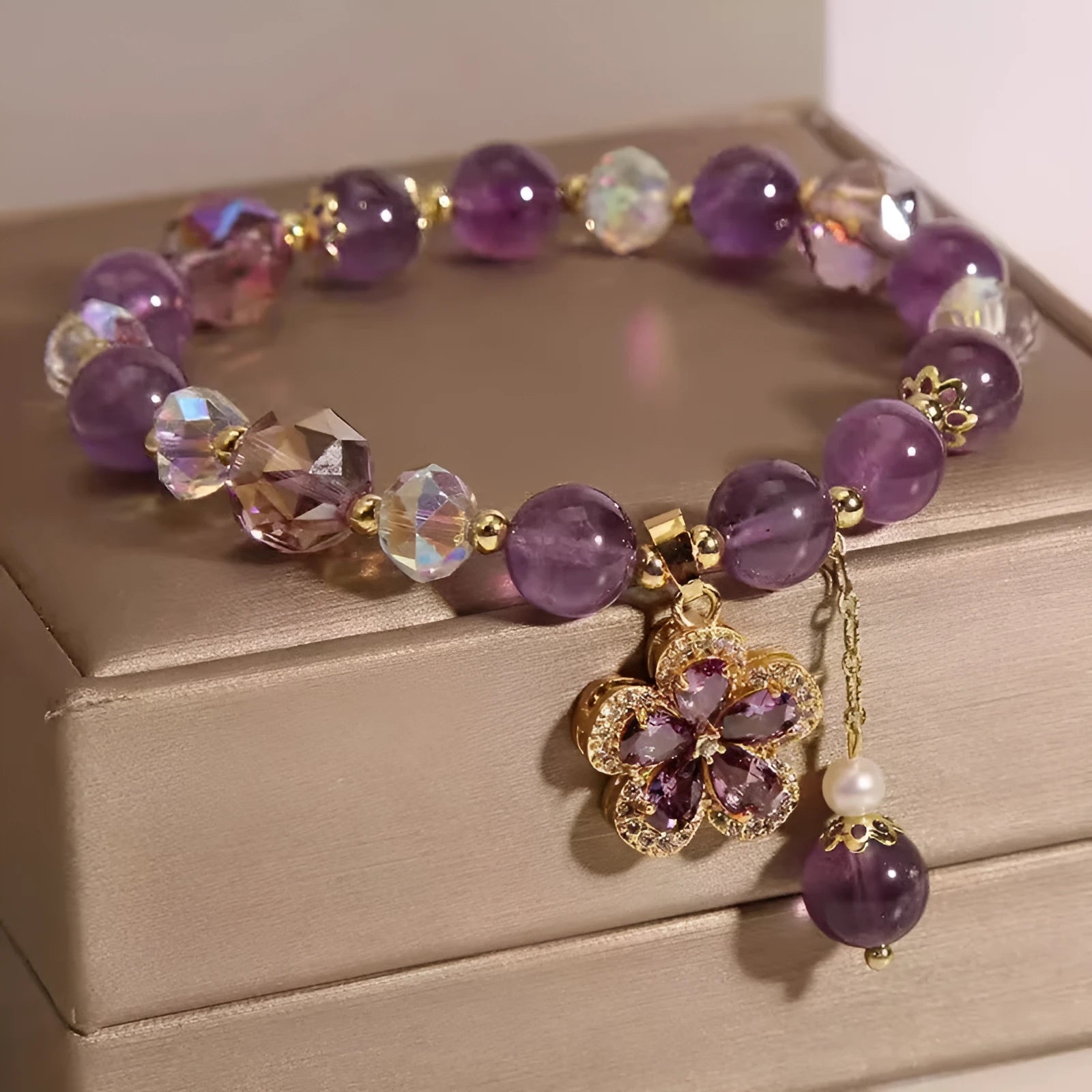 Women's natural amethyst crystal bracelet with nine-tailed fox pendant and leaf flower charm