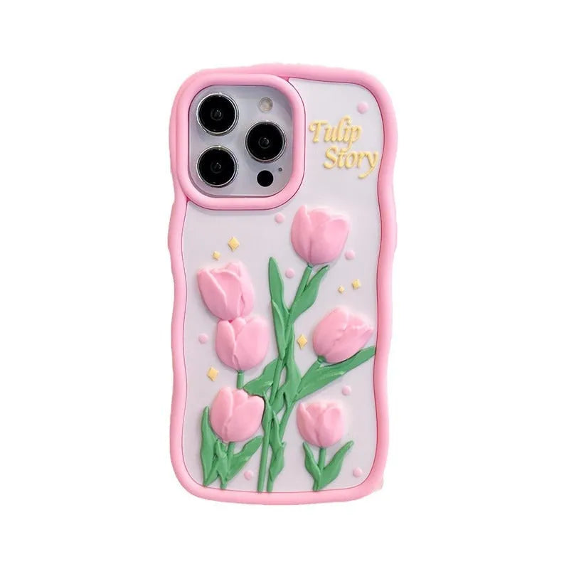 3D silicone tulip phone case in pink colour matching frosted finish for iPhone