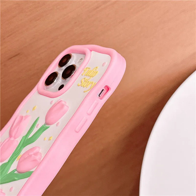 3D silicone tulip phone case in pink colour matching frosted finish for iPhone
