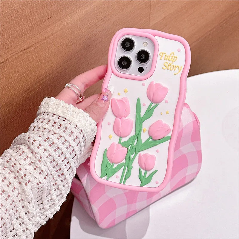 3D silicone tulip phone case in pink colour matching frosted finish for iPhone