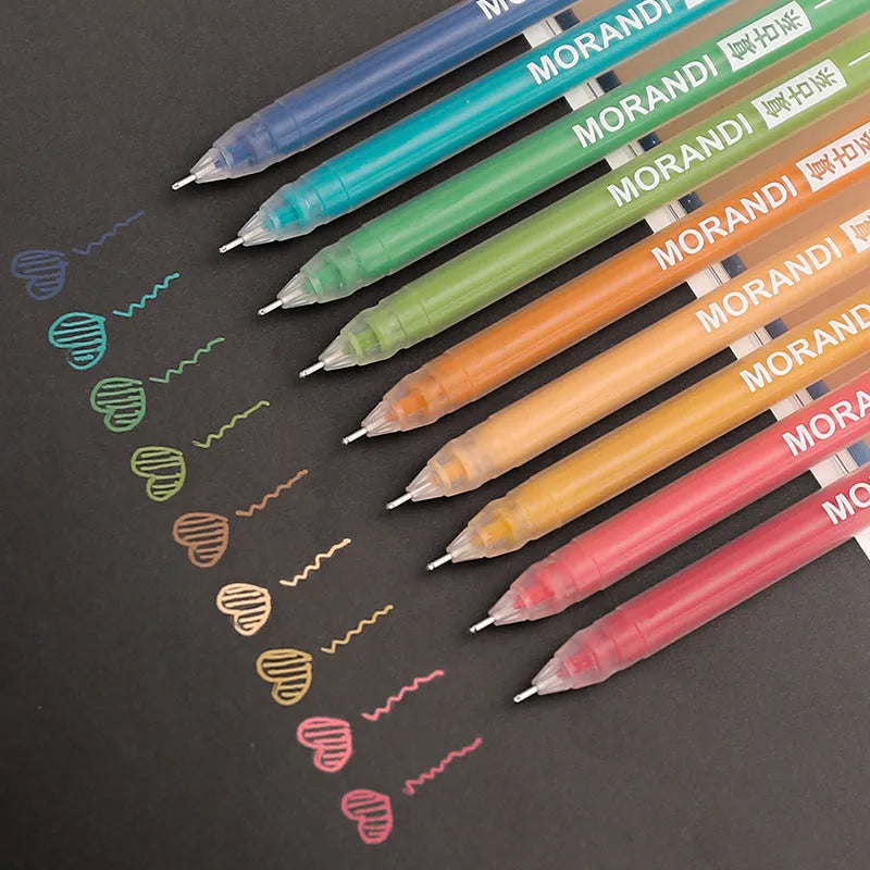 Set of nine retro-style coloured gel pens with 0.5mm needle tips on a white background.