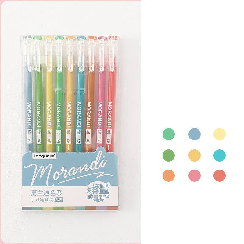 Set of nine retro-style coloured gel pens with 0.5mm needle tips on a white background.