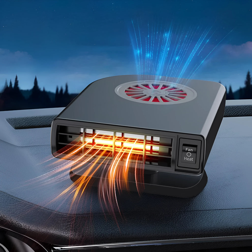 Black compact vehicle-mounted heater for car defrosting and air purification on a dashboard.