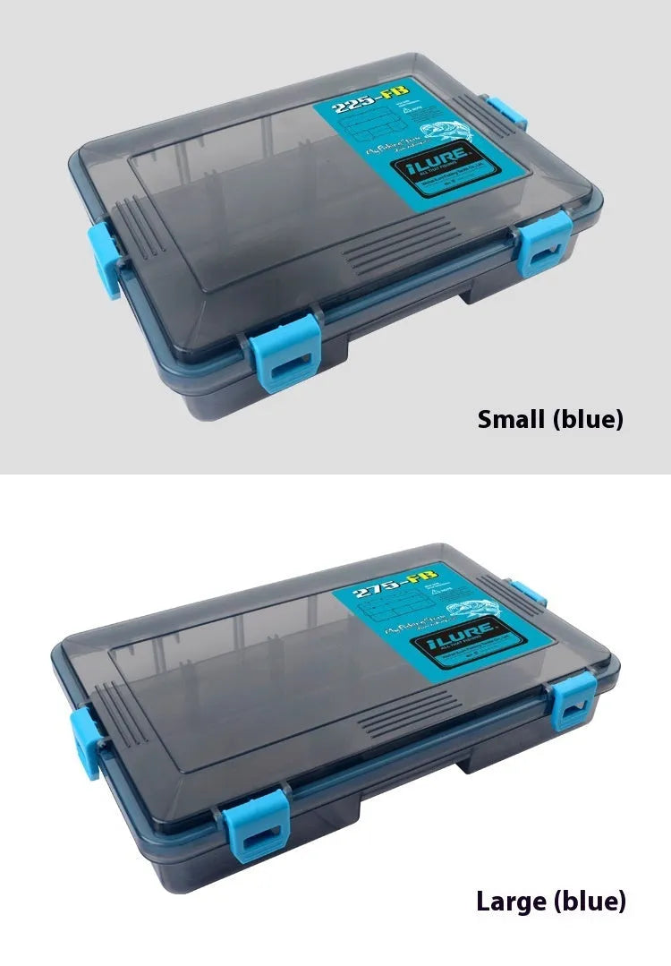 Blue waterproof PP plastic fishing lure storage box with lid open, showing compartments.