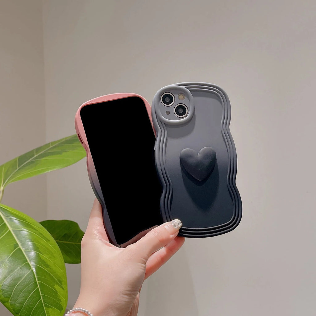 Liquid silicone love heart wavy edge phone case in red gradient black for iPhone 14 Pro Max