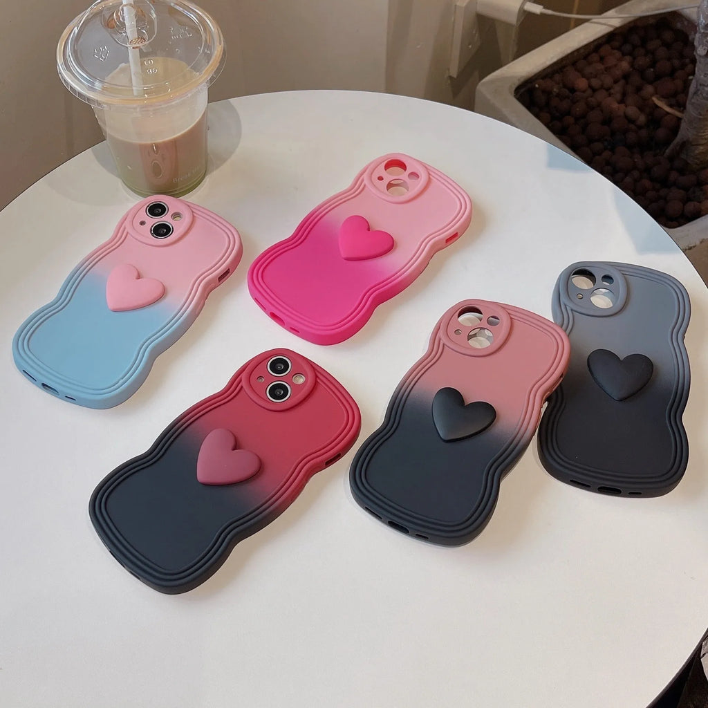 Liquid silicone love heart wavy edge phone case in red gradient black for iPhone 14 Pro Max