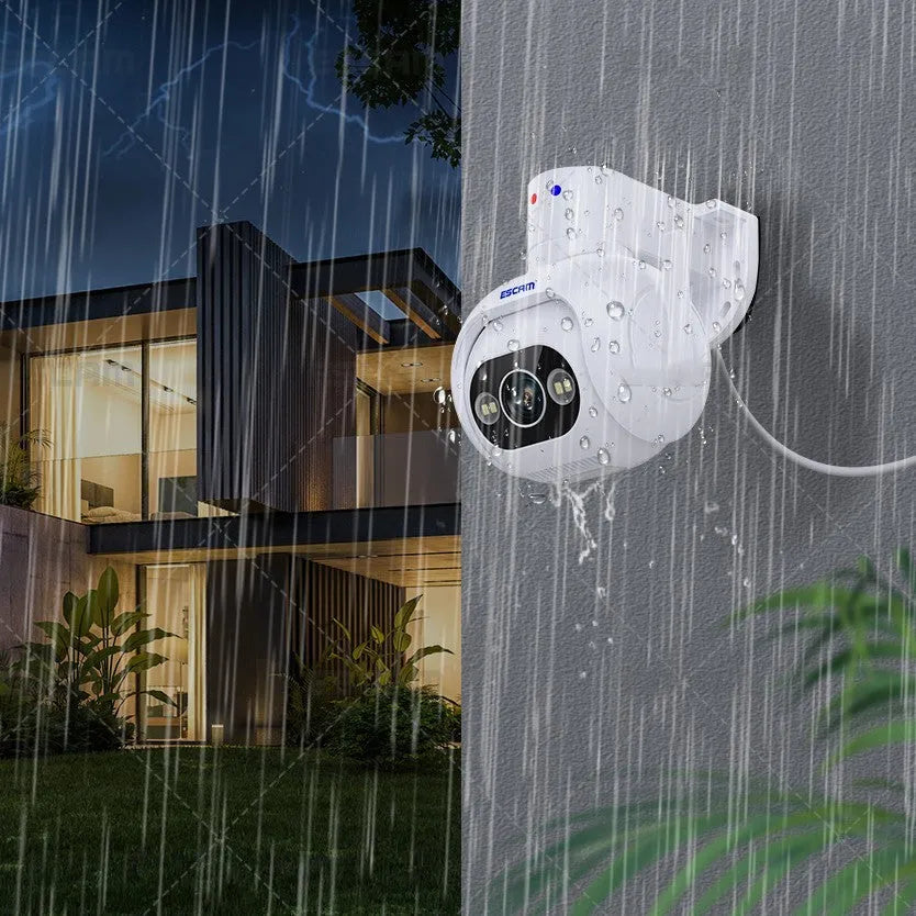 White smart security camera with 4mm lens, wall mount bracket, and IP66 rating for outdoor use.
