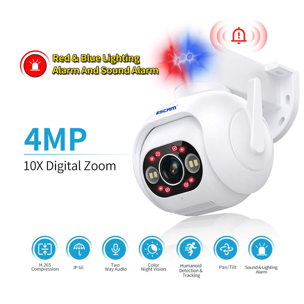 White smart security camera with 4mm lens, wall mount bracket, and IP66 rating for outdoor use.