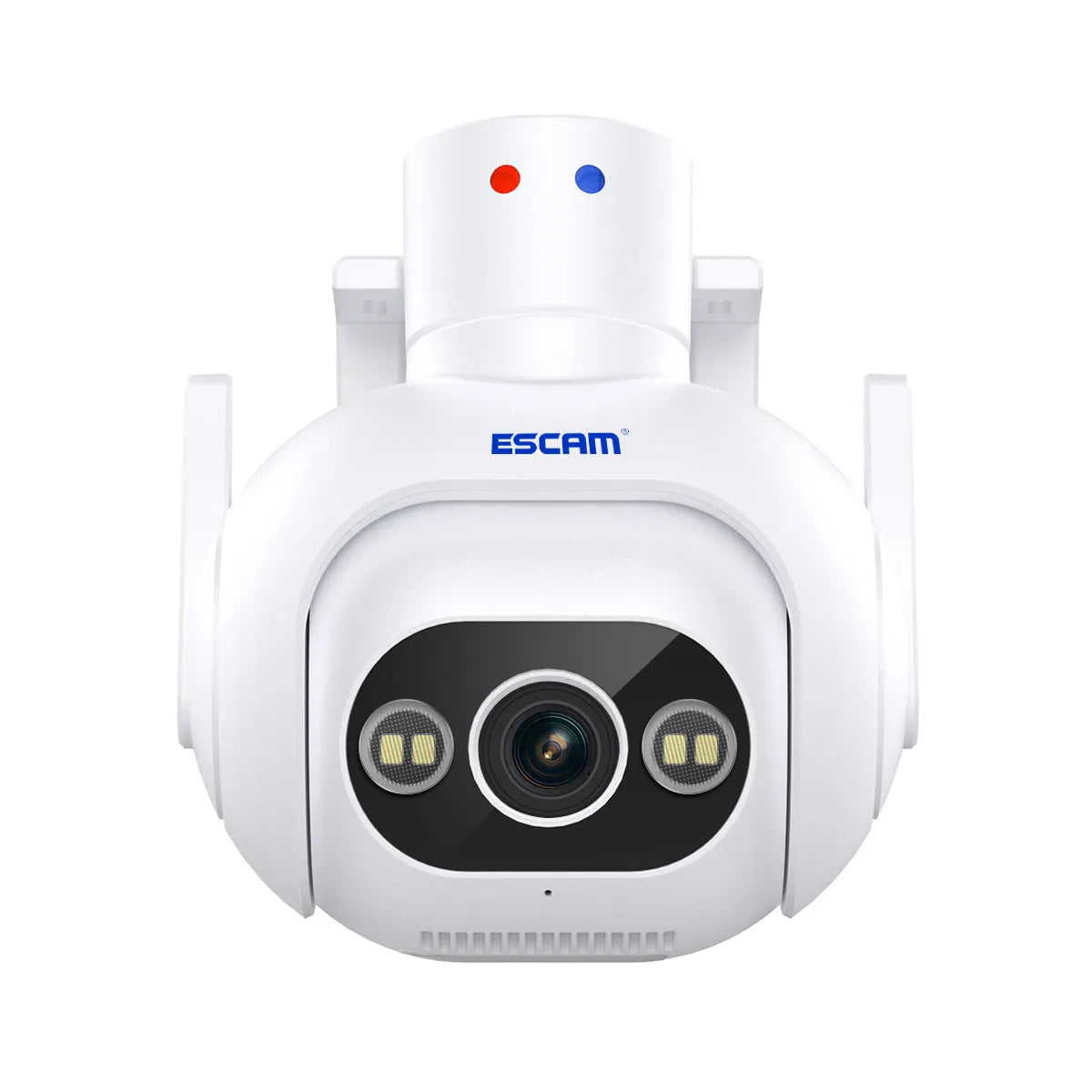 White smart security camera with 4mm lens, wall mount bracket, and IP66 rating for outdoor use.