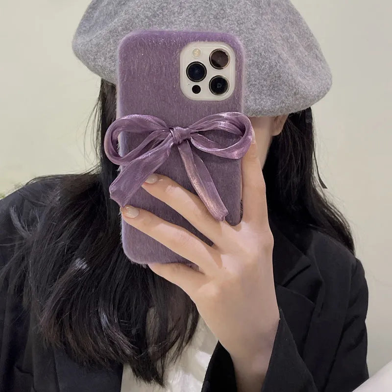 Purple Korean style silk bow plush phone case for Apple iPhone with fall protection