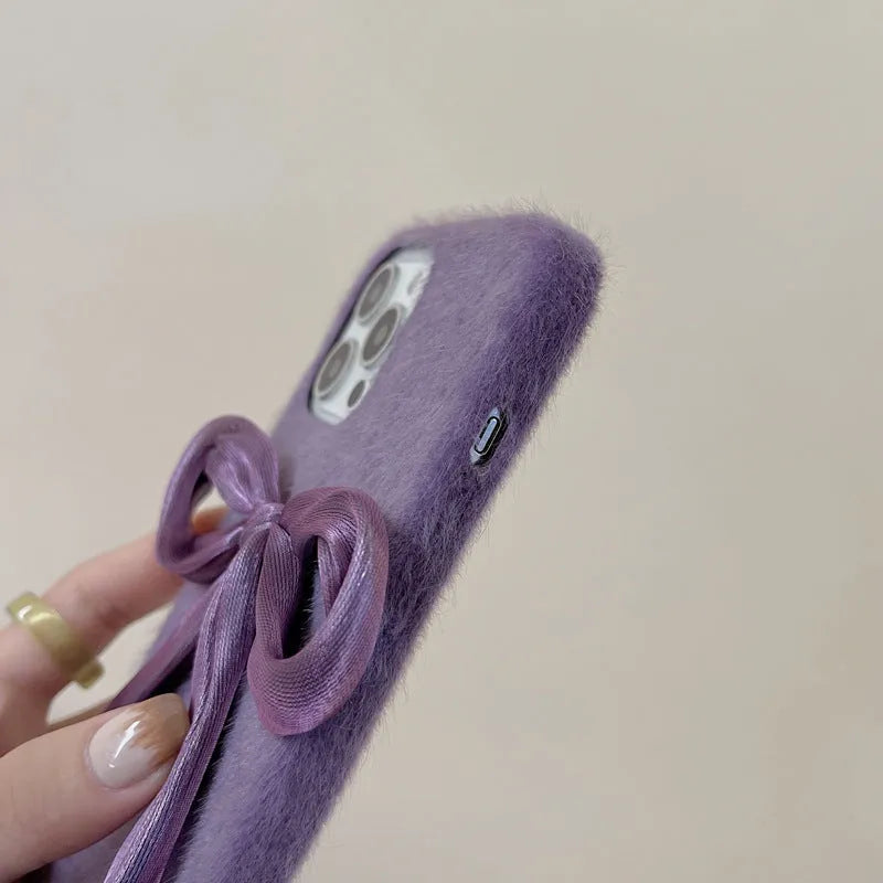 Purple Korean style silk bow plush phone case for Apple iPhone with fall protection