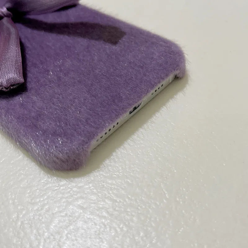 Purple Korean style silk bow plush phone case for Apple iPhone with fall protection