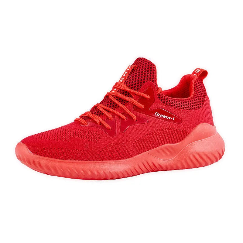 Adult unisex low-top running shoes in red with mesh upper and front strap.