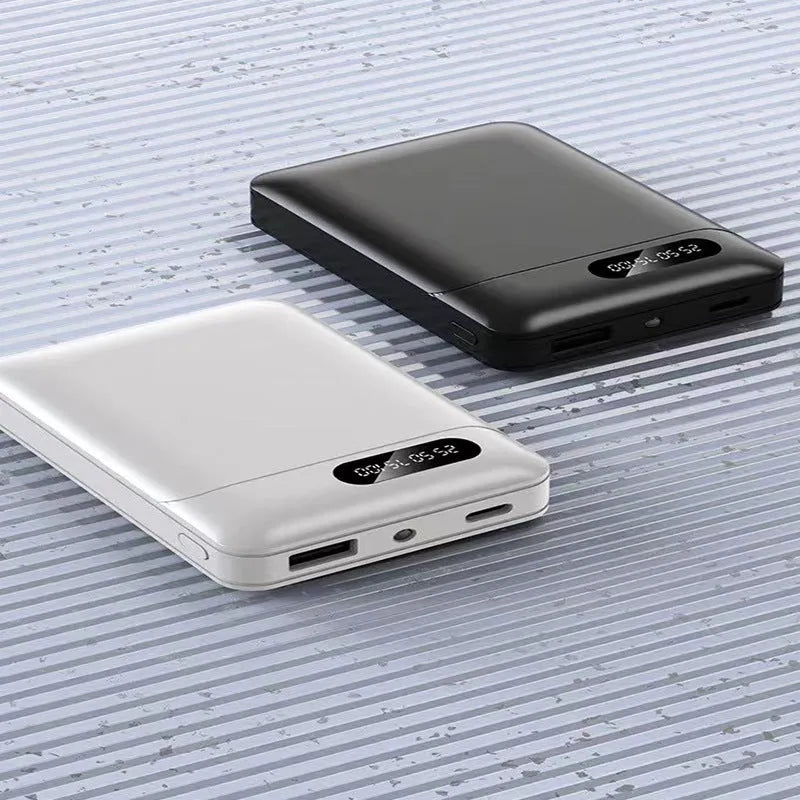 White and black 10000 mAh power bank with multiple USB ports for charging smartphones and tablets