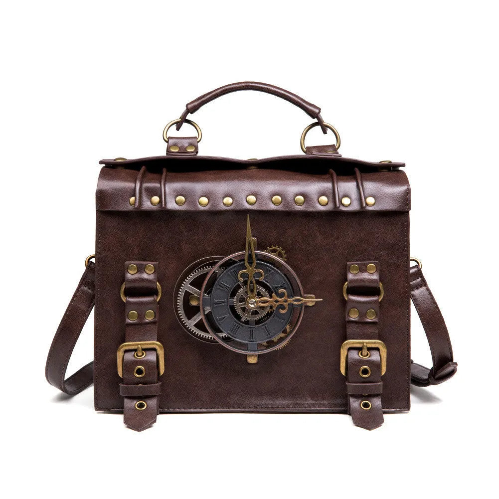Bronze steampunk industrial retro style shoulder bag with pillow shape and metal hardware