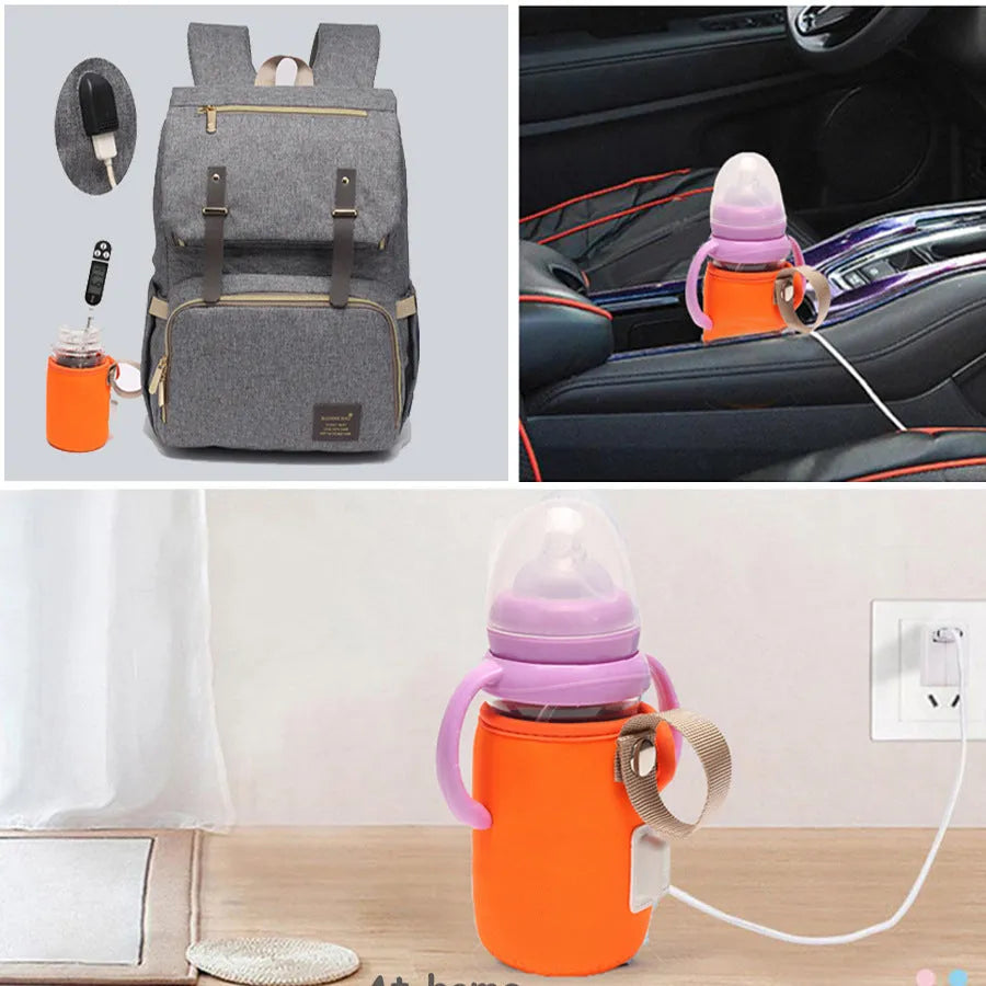 Orange and blue USB-powered baby bottle warmer wrap showing size and USB connector.