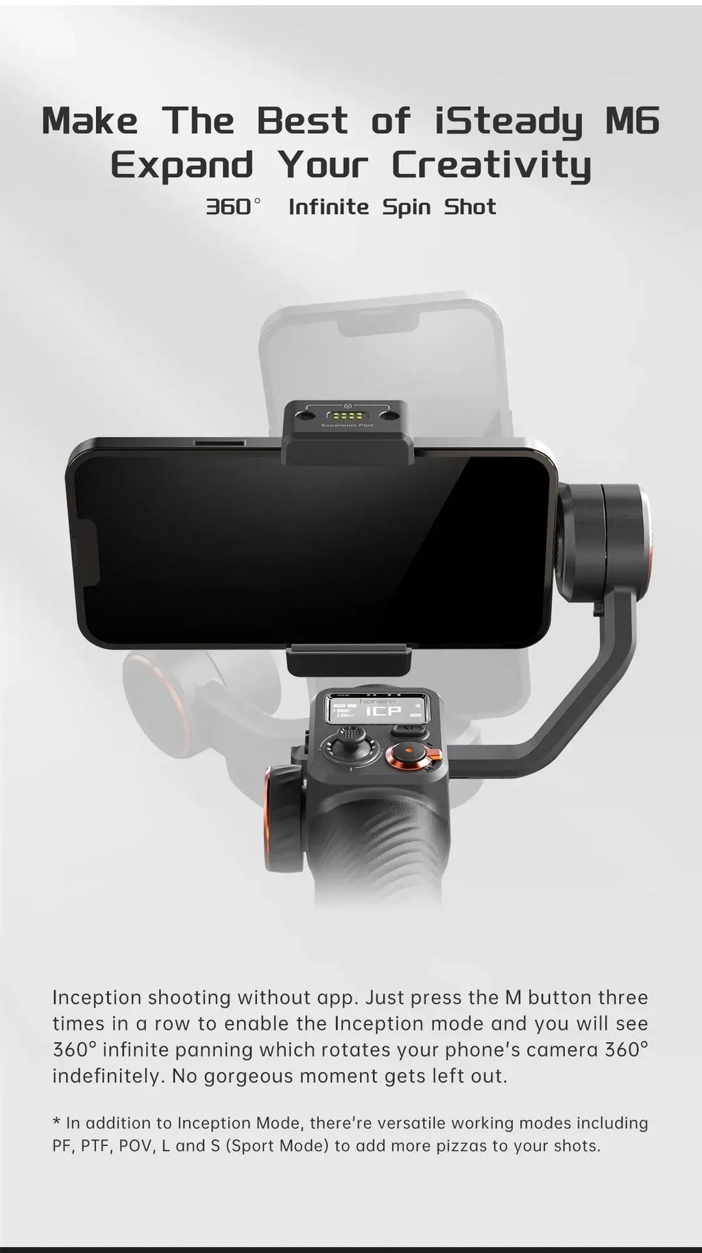 Black three-axis smartphone stabiliser with attached AI fill light on a tripod