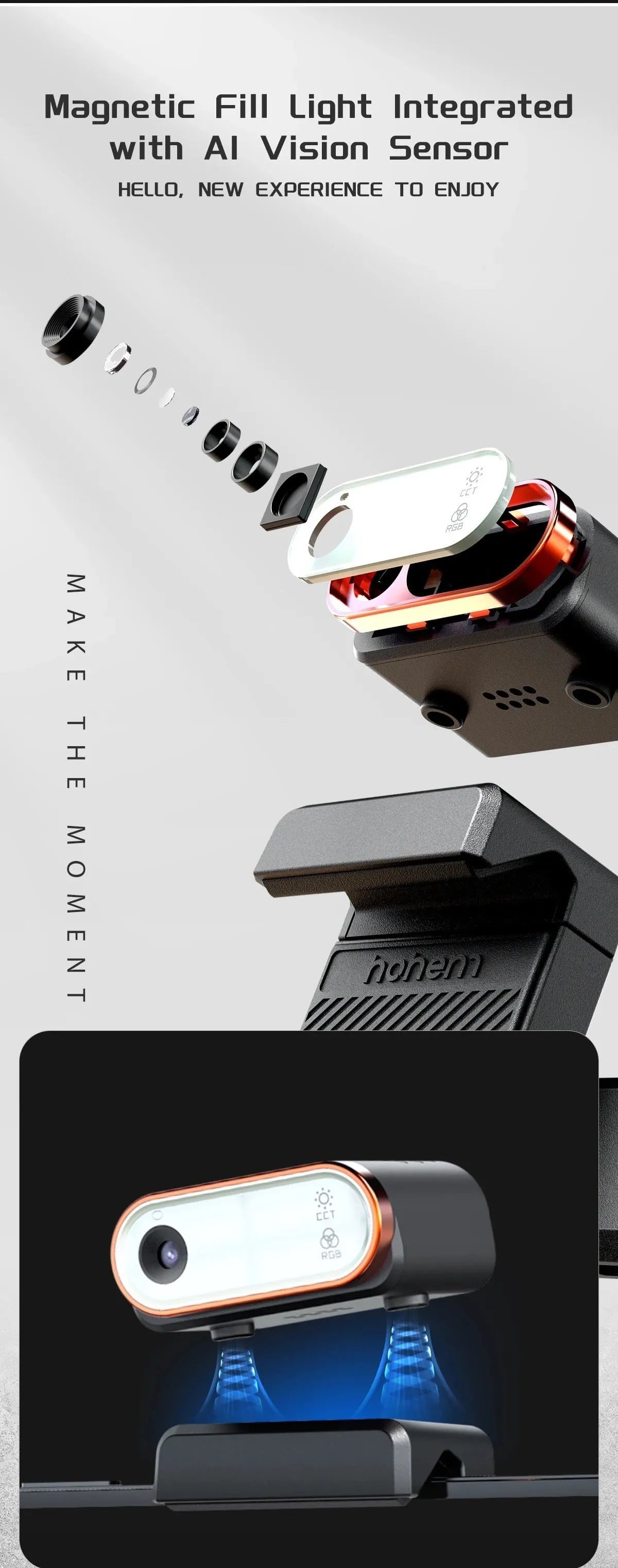 Black three-axis smartphone stabiliser with attached AI fill light on a tripod