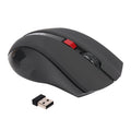 2.4G wireless optical ergonomic mouse in black with four-way scroll wheel and red LED sensor