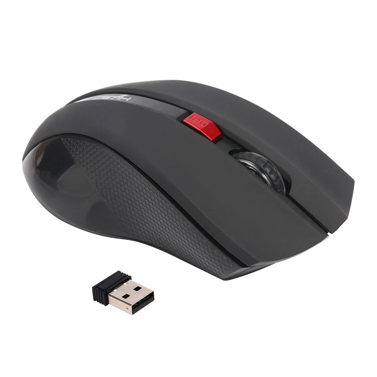 2.4G wireless optical ergonomic mouse in black with four-way scroll wheel and red LED sensor