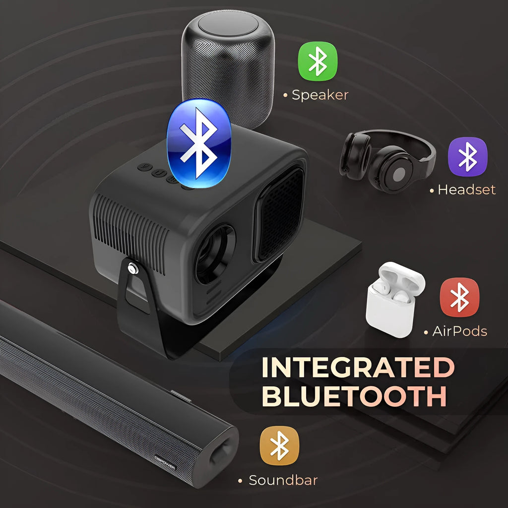 Black portable smart projector with remote control showing 1280x720 HD resolution and Android interface