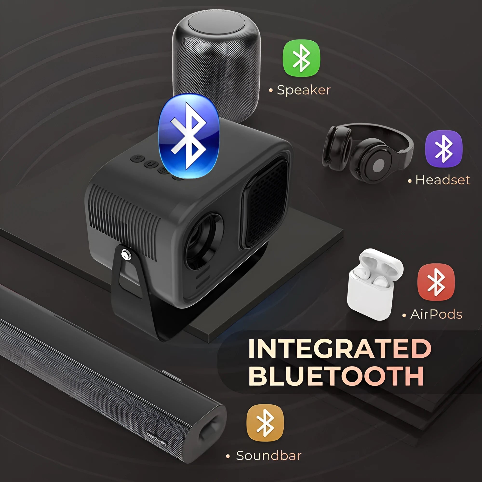 Black portable smart projector with remote control showing 1280x720 HD resolution and Android interface