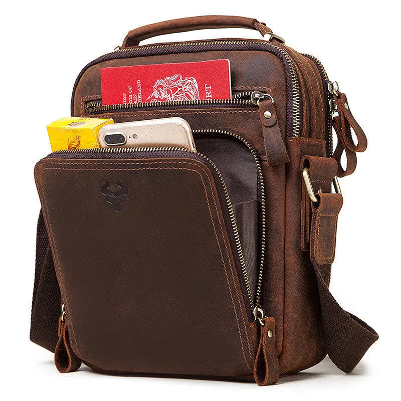 Men's brown genuine cowhide leather crossbody bag with retro styling and sewing line detailing
