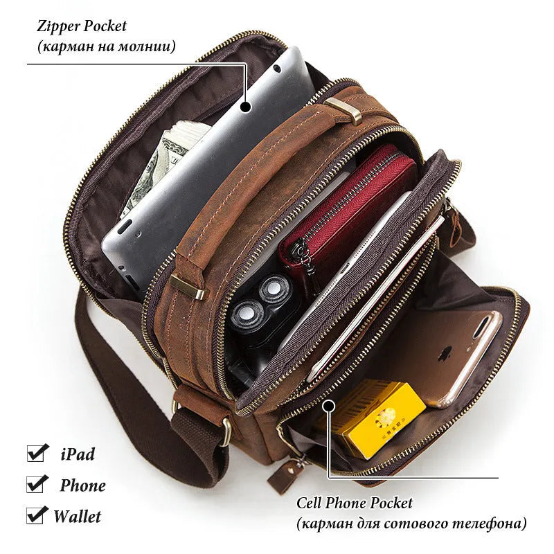 Men's brown genuine cowhide leather crossbody bag with retro styling and sewing line detailing