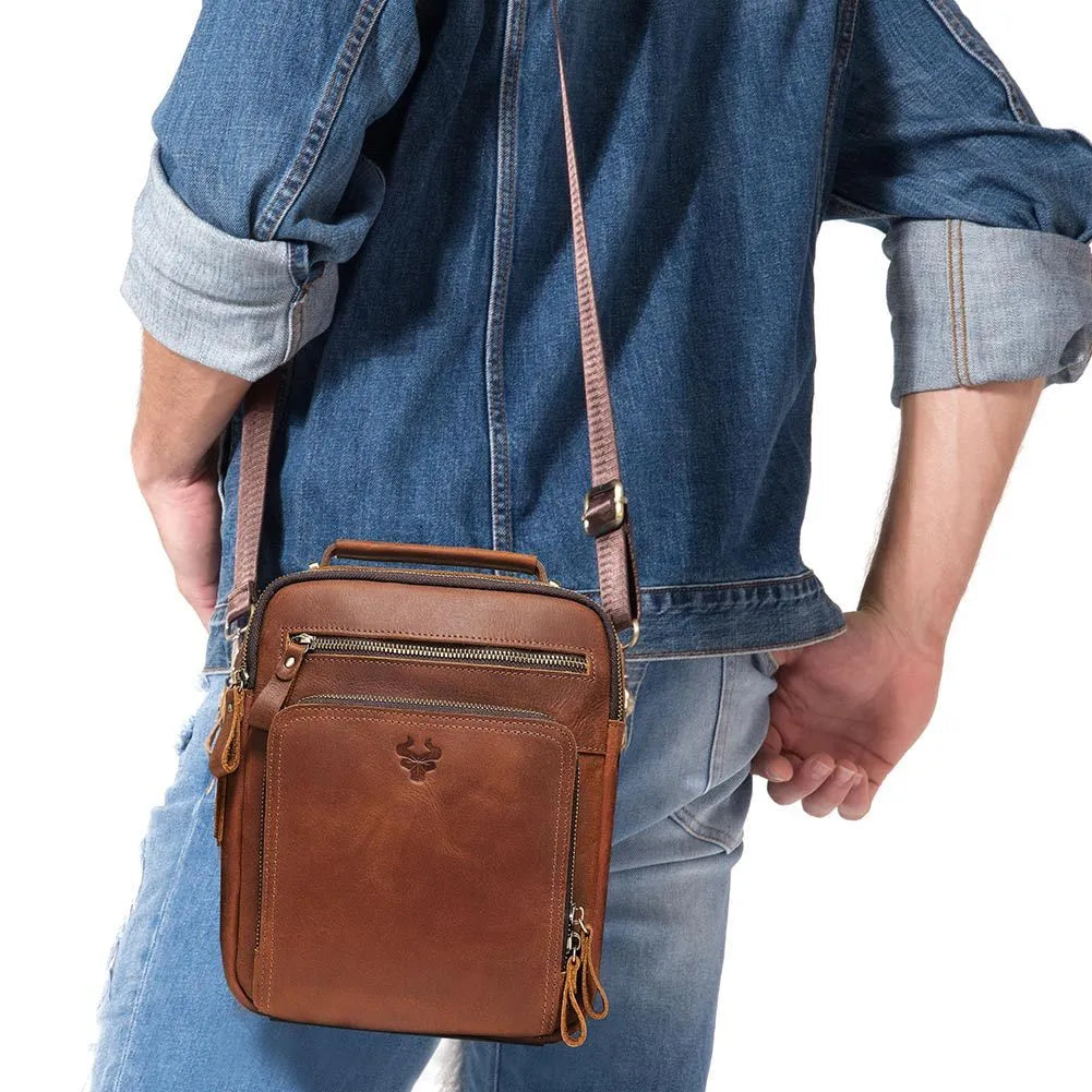 Men's brown genuine cowhide leather crossbody bag with retro styling and sewing line detailing