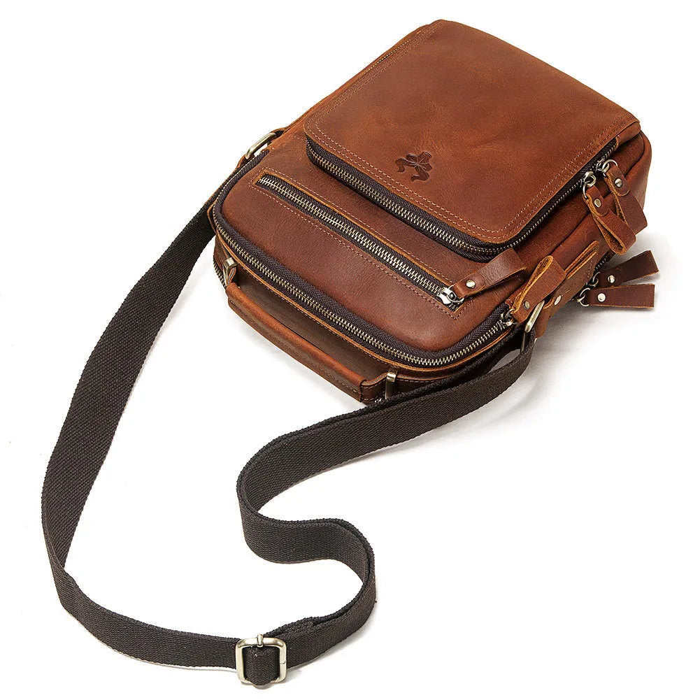 Men's brown genuine cowhide leather crossbody bag with retro styling and sewing line detailing