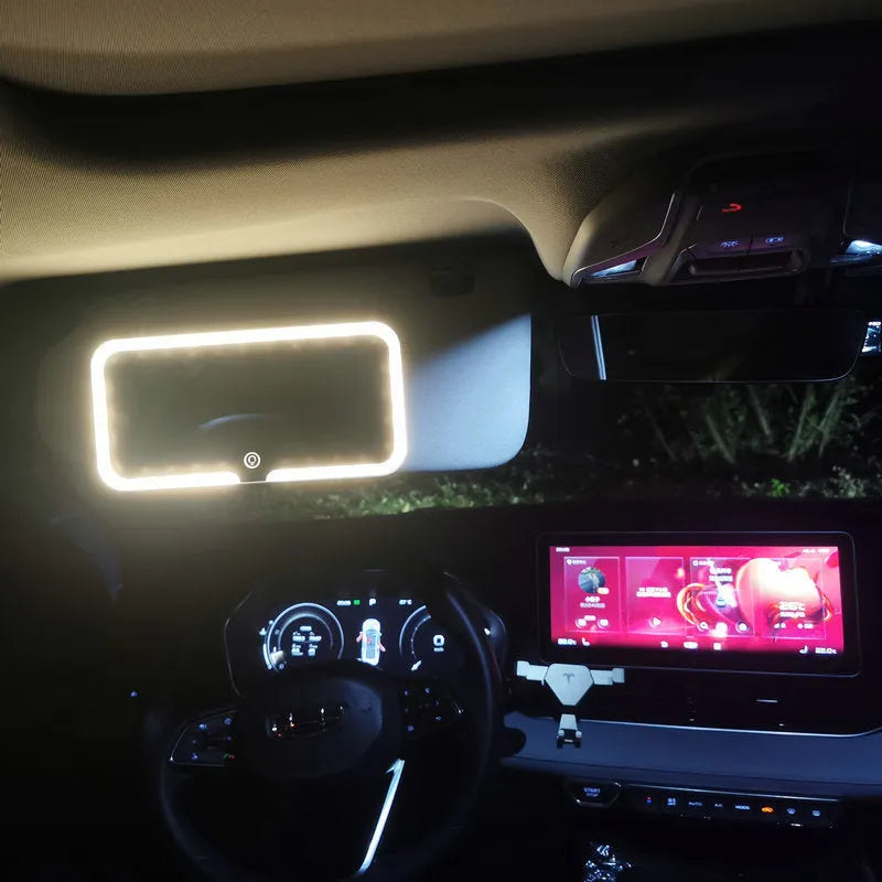 White ABS car sun visor mirror with LED lights and aluminium lens for make-up application.