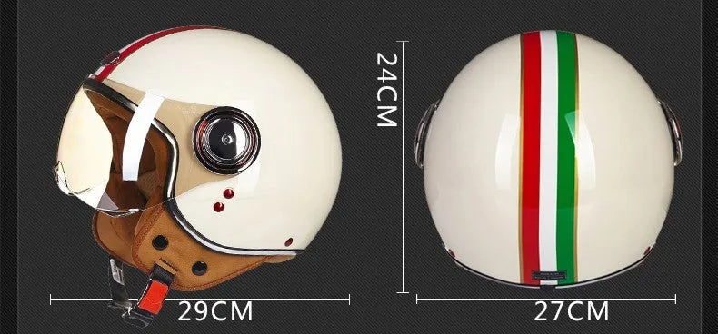 Scrambling motorcycle half helmet in white, red, or green with ABS plastic shell