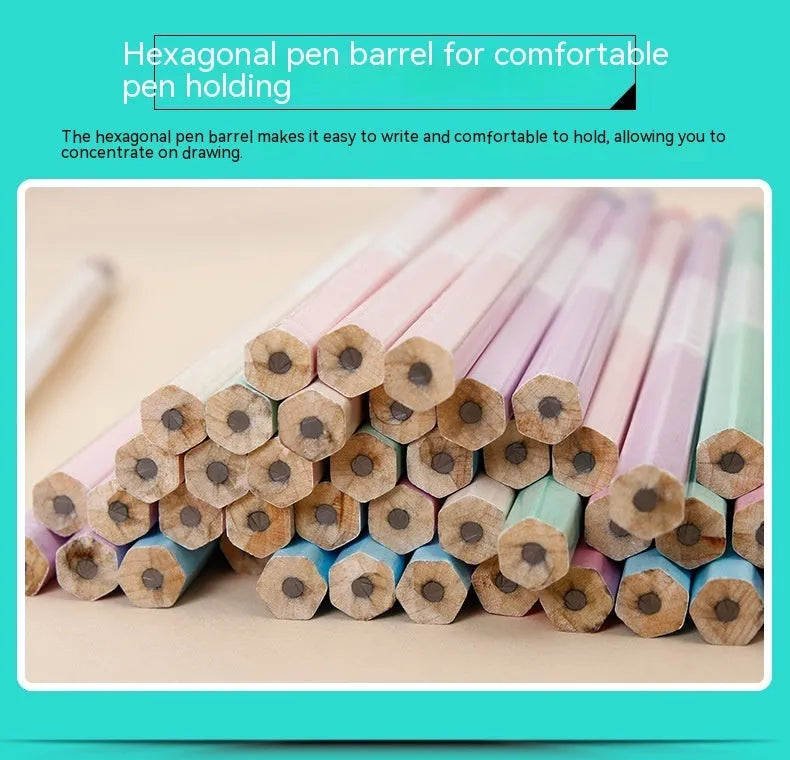 Basswood six-angle rod thermal transfer pencil with HB refill, shown in a barrel of 50 pieces.