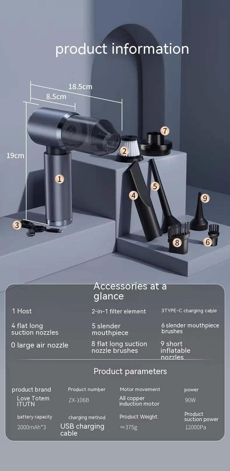 Space grey handheld cordless car vacuum cleaner and inflator with a 6000mAh battery.